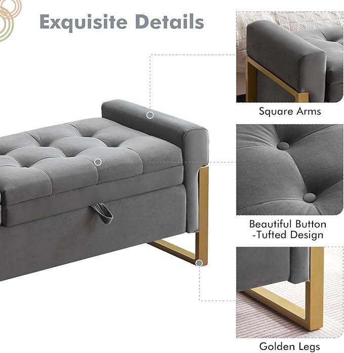 67" Storage Bench for Bedroom, End of Bed Bench King Size, Double Lids Ottoman Bench with Golden Legs Foot of Bed, Upholstered Velvet Storage Bench for Window Living Room Entryway, Dark Grey