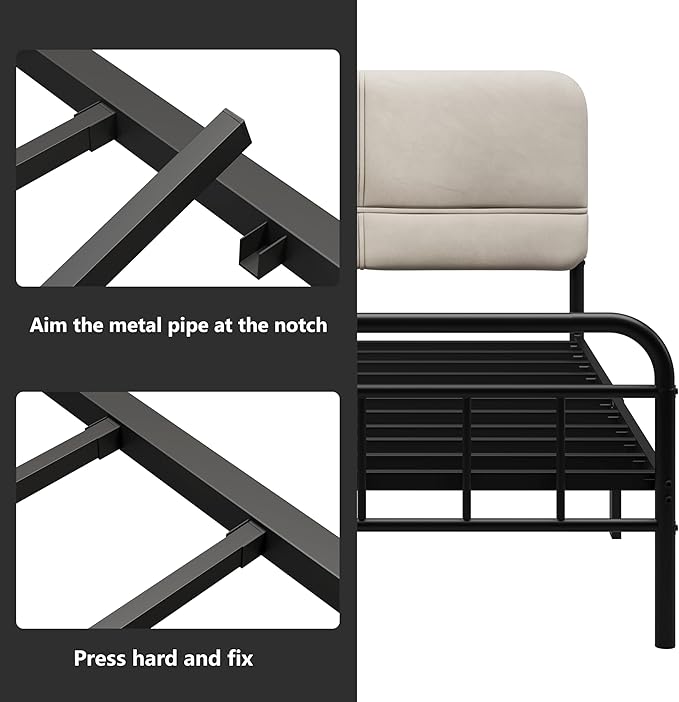 14Inch Metal Bed Frame,Twin Size Bed Frame with Upholstered Headboard,Heavy Duty Sturdy Mattress Foundation,Easy Assembly,No Box Spring Needed,White-Twin