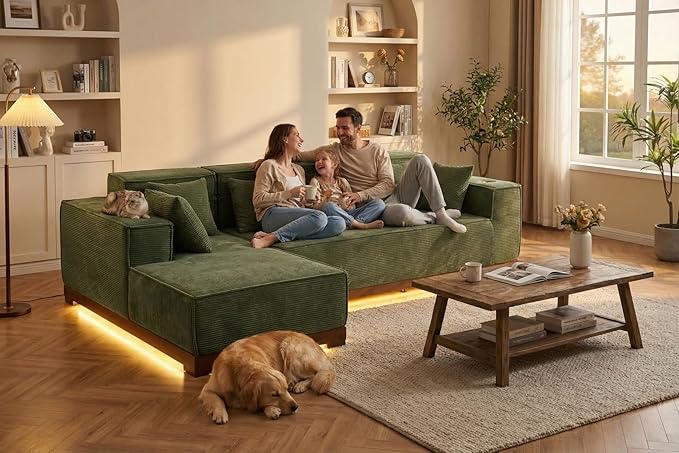 LIKIMIO 110” L-Shaped Sofa with LED Lights, Cloud Boneless Couch with Oversized Chaise, Deep Seat, Built-in Holder & Storage Pocket, Upholstered Couches for Living Room and Apartment, Green