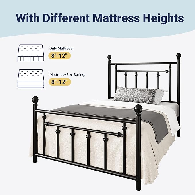 Allewie 14 Inch Twin Size Metal Platform Bed Frame with Victorian Vintage Headboard and Footboard/Mattress Foundation/Under Bed Storage/No Box Spring Needed/Easy Assembly/Noise Free/Black