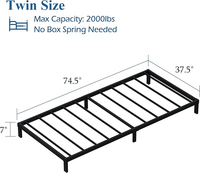 DiaOutro 7 Inch Twin Bed Frames Heavy Duty Low Profile Metal Platform No Box Spring Needed Mattress Foundation, Easy to Assembly, Noise Free, Black