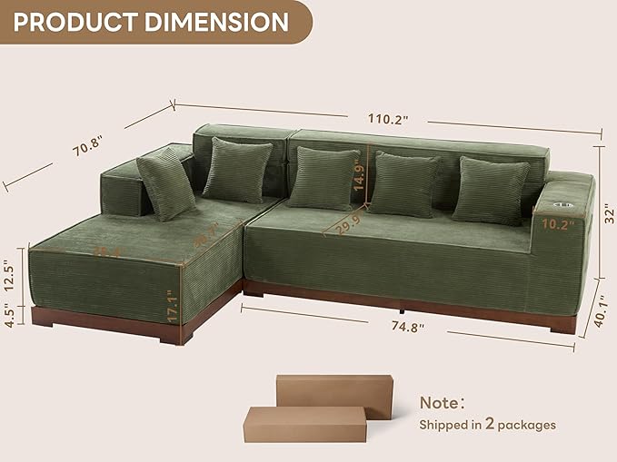 LIKIMIO 110” L-Shaped Sofa with LED Lights, Cloud Boneless Couch with Oversized Chaise, Deep Seat, Built-in Holder & Storage Pocket, Upholstered Couches for Living Room and Apartment, Green
