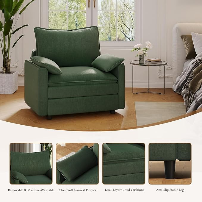 Vesgantti 40" Single Seat Sofa, Comfy Cloud Couch Deep Seat Upholstered Couch Chenille Modern Sofa with Armrest Pillows, Easy Assembly for Living Room, Bedroom and Apartment, Green
