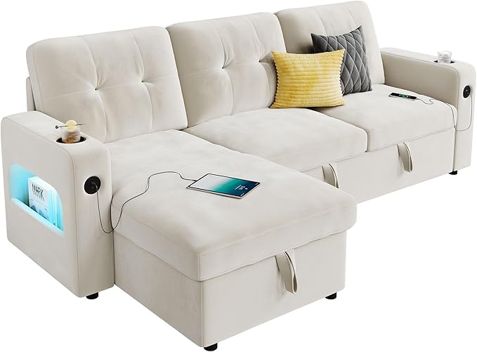 GarveeHome 84 Inch Sleeper Sofa Couch, L-Shaped Couches, Convertible Pull Out Sofa Bed with Storage, Charging Station, Led Lights, Modern Sectional Sofas for Living Room, Apartment, Velvet, Beige