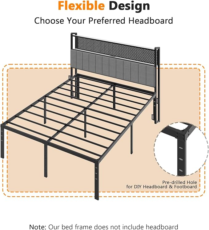 VINGLI 16 Inch Queen Bed Frame, Heavy Duty Metal Platform,No Box Spring Needed, Sturdy Steel Slat Support, Easy Assembly, Noise-Free, 14 inch Underbed Storage,Black