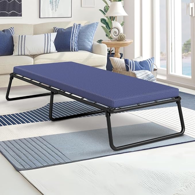 Beautyrest Folding Guest Bed, Twin Size, Steel Frame, Contouring Foam Mattress, Plush Removable Cover, 300 lbs Capacity