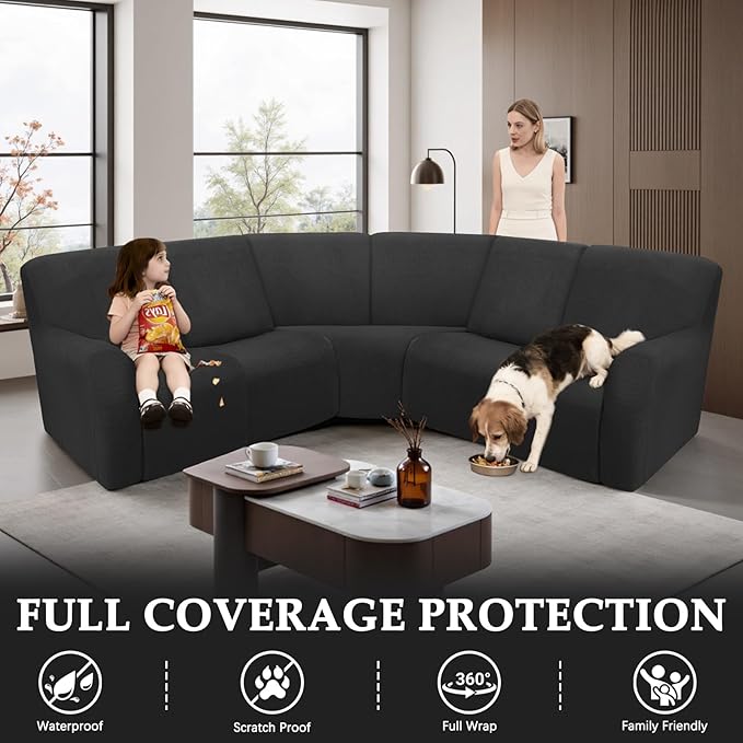 Reclining Sectional Couch Covers L Shape Waterproof Washable Recliner Sofa Cover for L Shaped Sectional Super Stretch Corner Recliner Slipcovers (5 Seater Cover, Dark Black)