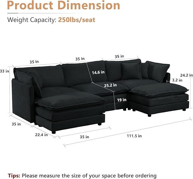 mikibama Modular Sectional Sofa, 111.5 Inch U Shaped Couch Set for Living Room, 3-Seater Comfy Cloud Couches with Movable Ottoman, DIY Combination, Chenille, Black