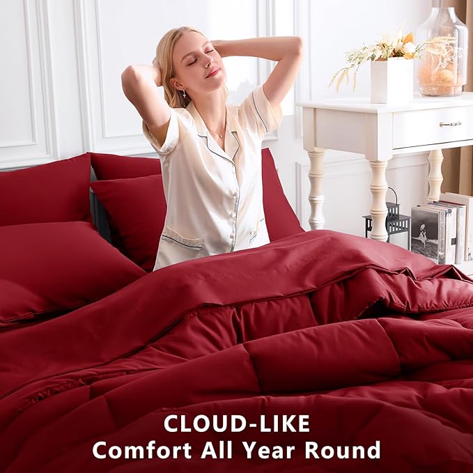 CozyLux Full Size Comforter Sets Dark Red, 7 Pieces Bed in a Bag, Red Comforter Full Size, All Season Bedding Sets with Stitch Quilted Comforter, Flat Sheet, Fitted Sheet, Pillowcases