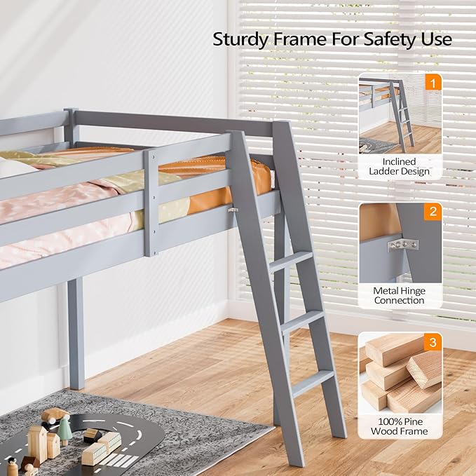VINGLI 47'' Tall Junior Low Loft Bed with Stairs, Wood Loft Bed Twin Size for Adults, Kids and Young Teens, No Box Spring Required,Wood Slat Support, Gray