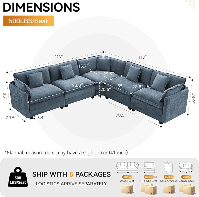 113'' V Shaped Cloud Sectional Sofa, Oversized Deep Seat Couches for Living Room, Chenille Comfy Upholstered Modular Sectional Sofa Couch, Blue