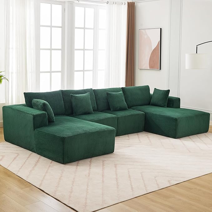 Sectional Cloud Boneless Couch 137" Modern Comfy U-Shaped No Assembly Required Convertible Compression Sleeper Modular Sofa with Corduroy Fabric Deep Seat Single + Chaise for Living Room