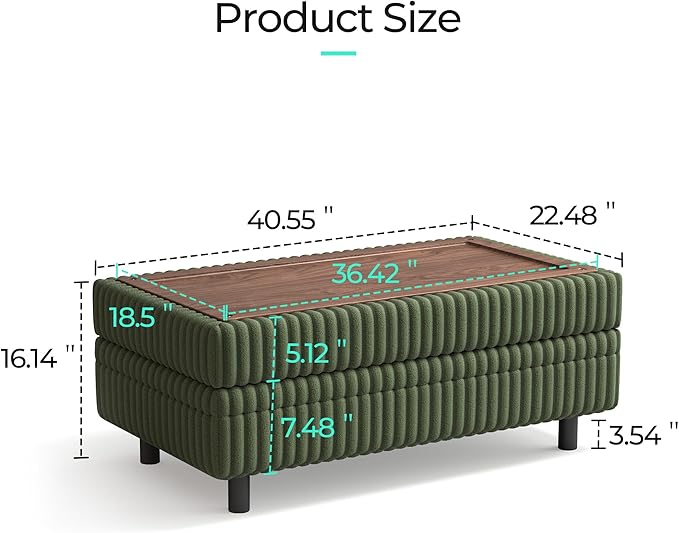 LINSY HOME Sectional Sleeper Sofa - Modular Ottoman Module (Green, Sleeper Sofa Ottoman) | Storage, Convertible, Coffee Table, Plush Corduroy