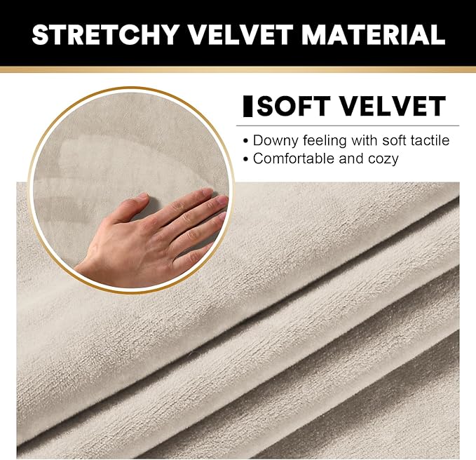 PrinceDeco Velvet Couch Covers for Sofa Soft 4 Pieces Couch Covers for 3 Cushion Couch Sofa Pet Friendly Furniture Protector with Non Slip Elastic Bottom Width Up to 90 Inch (Large, French Oak)