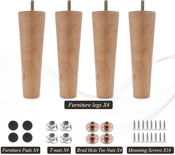 4pcs 7 Inch Wood Furniture Legs, Straight Conical Solid Wood Sofa Legs, Mid-Century Style Furniture Feet for Sofa Cabinet Table Cupboard Couch Ottoman Home DIY Projects