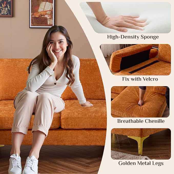 Karl home Convertible Sectional Sofa 110" U-Shape Sofa Couch 4-Seat Couch with Chaise ChenilleFabric Upholstered for Living Room, Apartment, Office, Orange