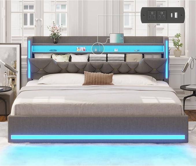 busyaeh King Size Bed Frame with Marshmallow Headboard and Storage, King Bed Frame with LED Lights & Charging Station, Upholstered Platform Bed with Metal Support, No Noise, No Box Spring Needed,Gray