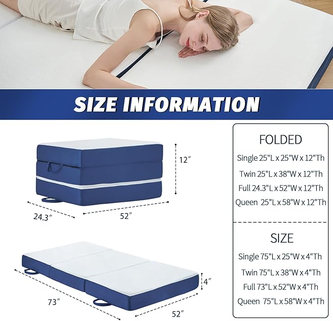 CYMULA Folding Mattress Full Size,4 inch Memory Foam Tri Portable Trifold Mattress Topper Full with Breathable & Washable Cover, Foldable Guest Bed for Camping (52"×73"×4")