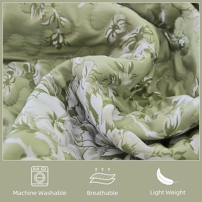 WONGS BEDDING Quilt Queen Size, Green Quilt Bedding Set with 2 Pillowcases, Botanical Quilt for Queen Bed, Soft Microfiber Lightweight Coverlet Bedspread for All Season (96"×90", 3 Pieces)