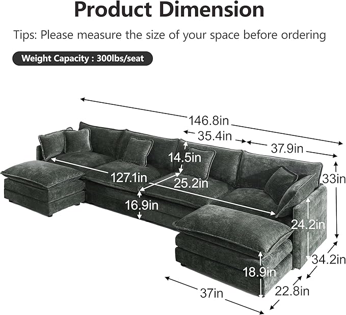 mikibama Modular Sectional Sofa, 146.5 Inch U Shaped Couch Set for Living Room, 4-Seater Comfy Cloud Couches with Two Movable Ottoman, DIY Combination, Chenille, Grey