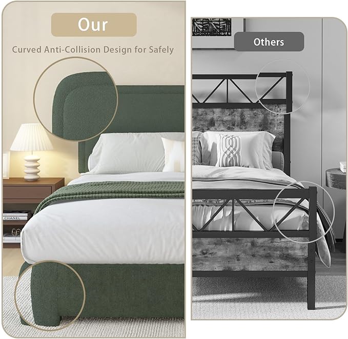BarnFurin Queen Bed Frame with Headboard, Boucle Upholstered Platform Bed with Wood Slats, Soft Rounded Corners, No Box Spring Required, Non-Slip and Noise-Free, Easy Assembly, Green