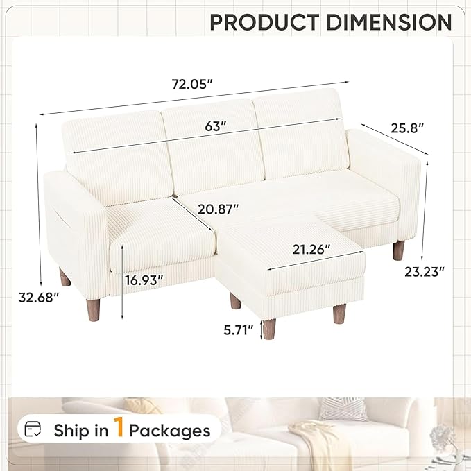Homall Convertible Sectional Sofa 3 Seat L Shaped Couch with Side Storage Pocket, Sofas with Movable Ottoman, Corduroy Small Couches for Living Room & Apartment (Corduroy, Beige)