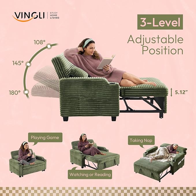 VINGLI Green Futon Sofa Bed Convertible Loveseat Sleeper Sofa Couch, Corduroy Pullout Sofa Fold Out Couch Bed with USB Ports, Cup Holders, Armrest for Living Room, Bedroom Apartment Room | Lveseat Sleeper