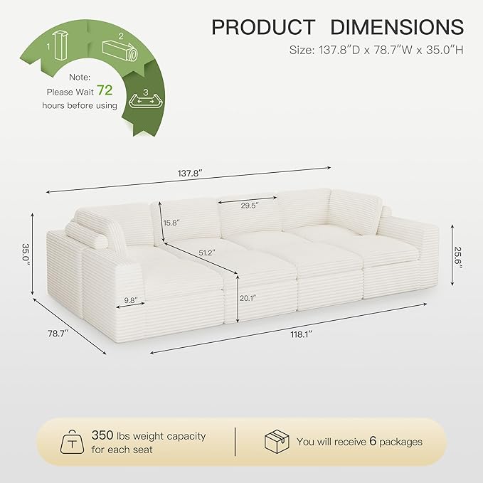 Boneless Modular Sectional Sleeper Sofa Bed Plush Corduroy Cloud Sectional Couches for Living Room with Deep Seat. White Couch.