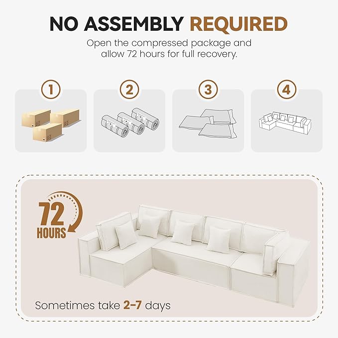 138'' Boneless Chenille L Shaped Couch, Oversized Modular Sectional 5 Seater Sofa, Modern Deep Seat Corner Cloud Compressed Couch, No Assembly Sleeper Sofa with Chaise for Living Room, Beige