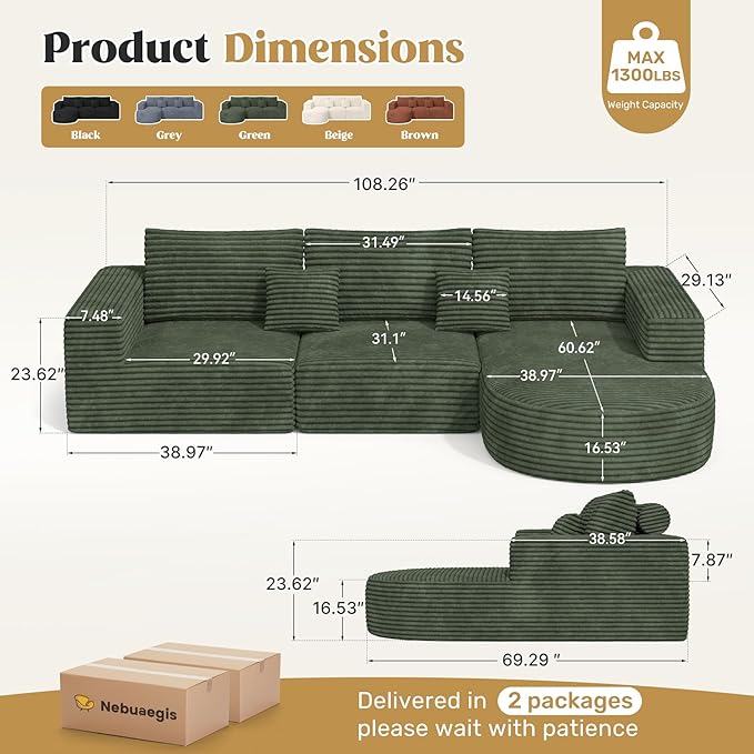 110" Modular Sectional Sofa Couches, Cloud Couches for Living Room, Boneless Sofa with Deep Seat,L-Shape Couch with Chaise,No Assembly Required,Green,1 PCS