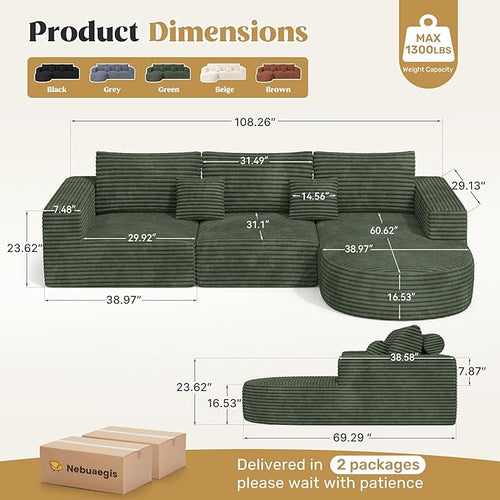 110" Modular Sectional Sofa Couches, Cloud Couches for Living Room, Boneless Sofa with Deep Seat,L-Shape Couch with Chaise,No Assembly Required,Green,1 PCS
