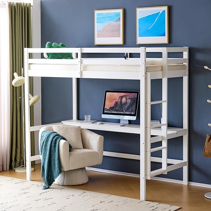 VINGLI Loft Bed with Desk, Wood Bunk Bed Twin Size with RGB LED for Adults, 2 Charging Station on High Guardrail and Desk,Wood Slat Support, White