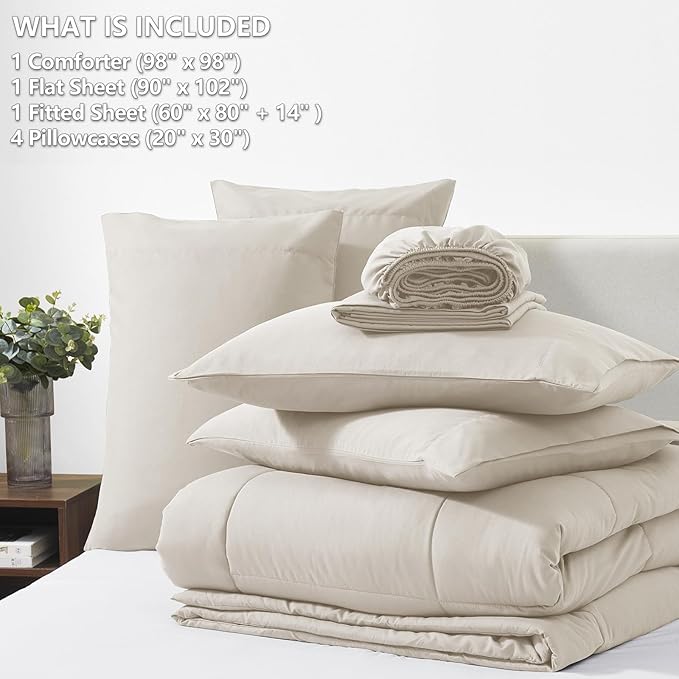 CozyLux Oversized Queen Comforter Sets Beige, 7 Pieces Bed in a Bag, Ultra-Soft All Season Bedding Sets with Stitch Quilted Comforter, Flat Sheet, Fitted Sheet, Pillowcases