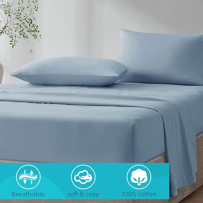 Comfort Spaces 100% Cotton Sheet Set Breathable, Lightweight, Soft with 14" Elastic Pocket Fits up to 16" Mattress, All Season Cozy Bedding, Matching Pillow Case, Cal King Blue 4 Piece