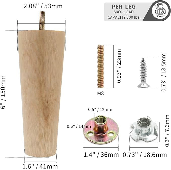 4pcs 6 Inch Wood Furniture Legs, Straight Conical Solid Wood Sofa Legs, Mid-Century Style Furniture Feet for Sofa Cabinet Table Cupboard Couch Ottoman Home DIY Projects