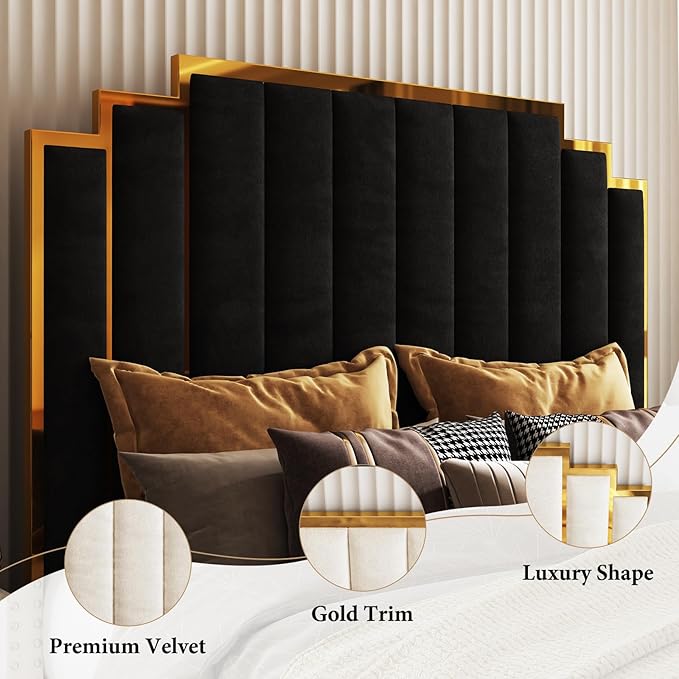 AMERLIFE King Size Upholstered Bed, Modern Velvet Bed Frame with 65.4” Tall Gold Trim Headboard, No Box Spring Needed, Black