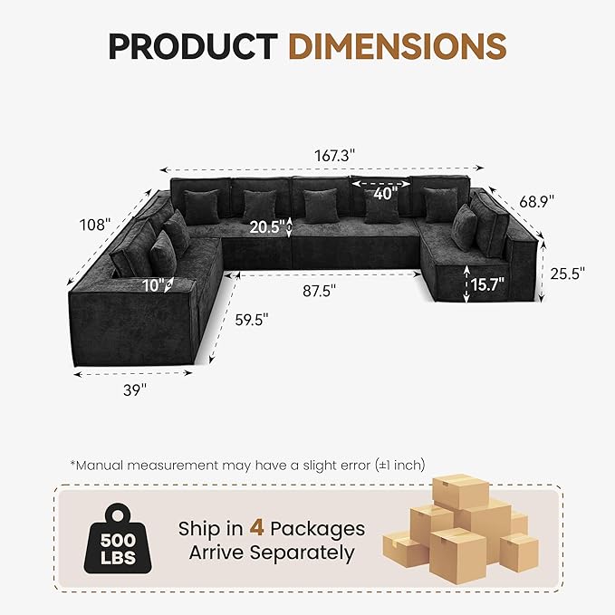 167'' Boneless Chenille U Shaped Couch, Oversized Modular Sectional 8 Seater Sofa, Modern Deep Seat Corner Cloud Compressed Couch, No Assembly Sleeper Sofa with Chaise for Living Room, Black