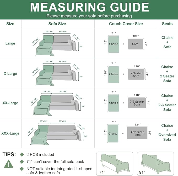 OstepDecor Sectional Couch Covers 2 Pieces, L Shaped Sofa Cover, Chenille Couch Cover for Dogs Washable, Couch Cover Blanket, Sofa Slipcover for 2-3 Cushion Couch (71"x118"+71"x118", Sage Green)
