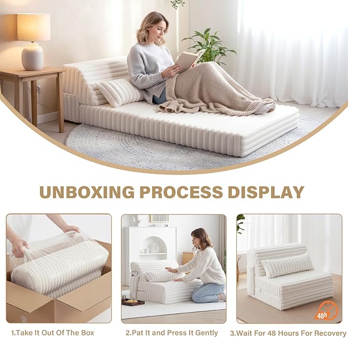 Tiita Folding Sofa Bed Single Size, Convertible Sleeper Chair Mattress with Pillow, Thick Corduroy Floor Mattress Couch Bed with Side Pocket, Guest Room, Dorm, Apartment, Beige