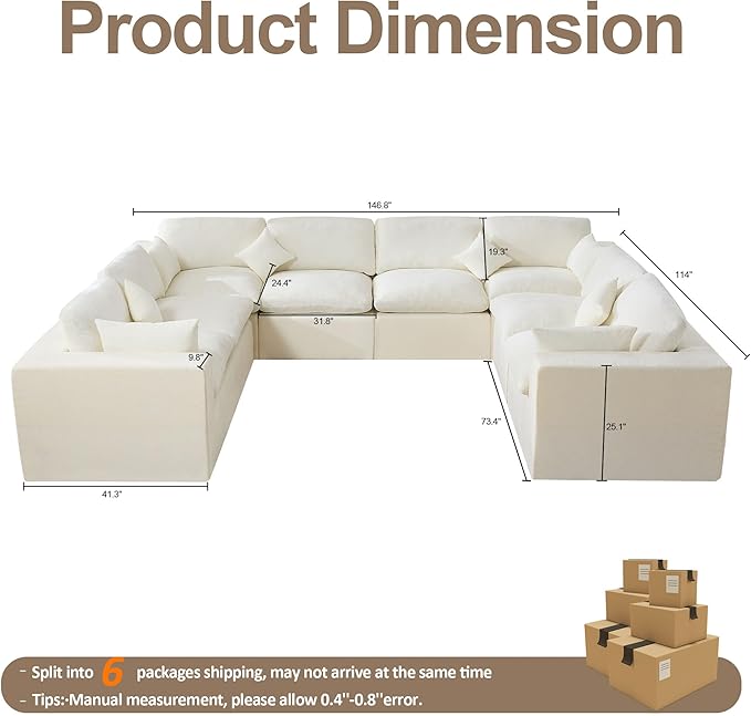 155''Cloud Boneless Sectional Couch, Modular Sectional Sofa Deep Seat, Oversized Upholstered Convertible Comfy 8 Seater Chenille Memory Foam Sofa U Shape Couches for Living Room, Beige