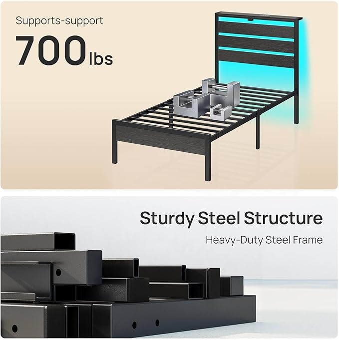 Rolanstar Twin Bed Frame with LED Lights and Charging Station, Wood Storage Headboard and Under Bed Storage, Metal Platform Bed, Easy Assembly, No Box Spring Needed, Balck Oak