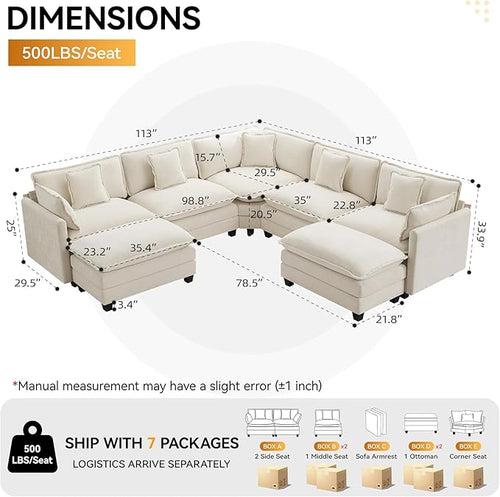 113'' V Shaped Cloud Sectional Sofa, Oversized Deep Seat Couches for Living Room, Chenille Comfy Upholstered Modular Sectional Sofa Couch with 2 Movable Ottoman, Beige