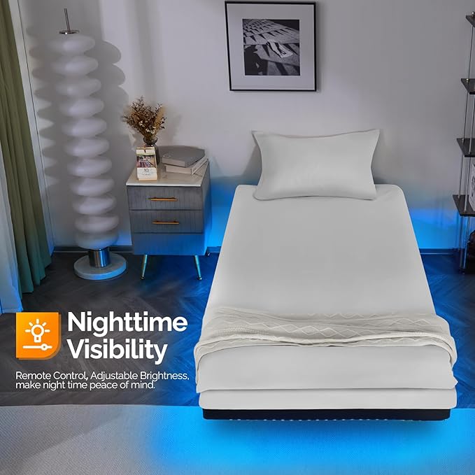 VINGLI 14 Inch Twin Floating Bed Frame with USB Charging Station/LED Lights, Single Platform Bed Foudation Base Heavy Duty Metal Slat, No Box Spring Needed,Black
