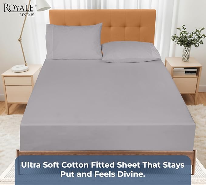 Royale Linens 100% Organic Cotton Fitted Sheet - Percale Weave - Super Soft Deep Pocket Bottom Sheets - Elastic Sheet Twin XL Size - Twin XL Fitted Sheets Only - (39"x80"+15", Silver)