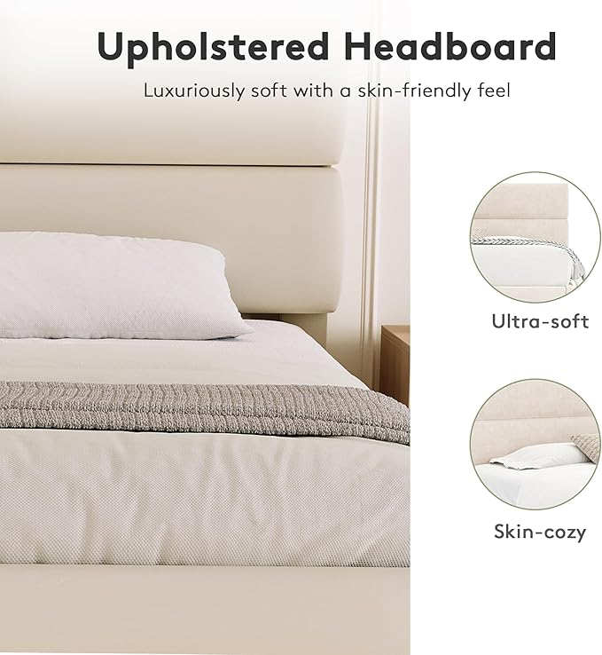 GRUSIGN Queen Size Platform Bed Frame with Velvet Headboard, Adjustable Height Wooden Slats Support, Upholstered Mattress Foundation, Fits Mattress or Mattress with Box Spring, Easy Assembly, Beige