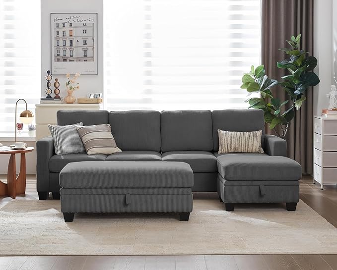 CHIC HOUSE Corduroy Modular Sectional Couch with Ottoman Chaise, L/U Shaped Sleeper Sofa for Living Room, Apartment, Lounge, Modern Armrest Neck Support Furniture (Dark Grey, 7 Seater Sectional)