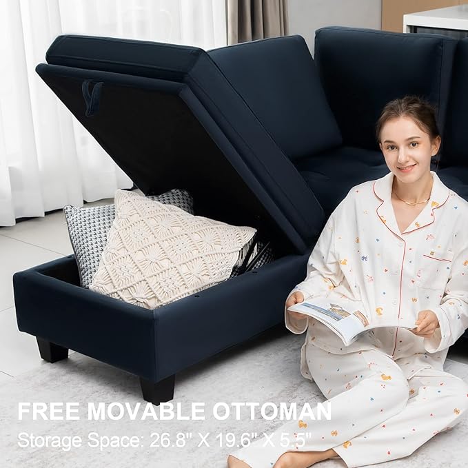 Belffin Velvet Convertible 4-Seat Sectional Sofa with Reversible Chaise L Shaped Sofa Couch Furniture Sets Sectional Couch with Storage Ottoman Blue