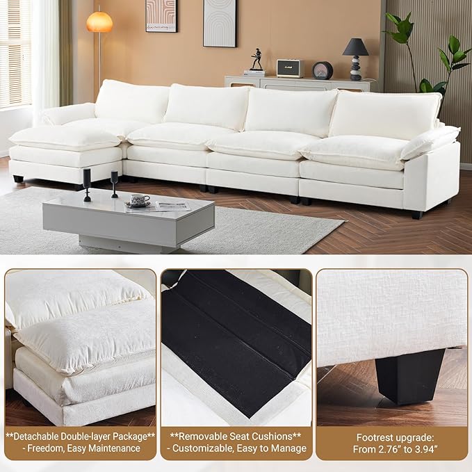 VINGLI 157" Cloud White/Cream Convertible Sectional Sofa, Comfy L-Shape Extra Deep Seat Sofa Couch for Living Room,Modern Chenille 4-Seat Convertible Sofa with Movable Ottoman for Small Space