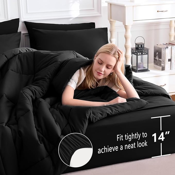 CozyLux Oversized King Comforter Sets Black, 7 Pieces Bed in a Bag, Ultra-Soft All Season Bedding Sets with Stitch Quilted Comforter, Flat Sheet, Fitted Sheet, Pillowcases