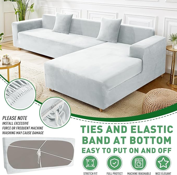 ZNSAYOTX 2026 Soft Velvet Sectional Couch Covers, Luxury Plush Slipcovers with Elastic Bottom for L Shape Sectional Sofa, 2 Pcs Pet Friendly Protector (3 Seat Couch + 3 Seat Chaise, Silver Grey)